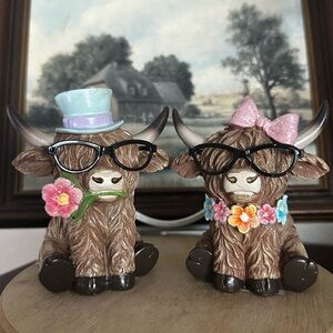 Set of TWO Spring / Easter Hobby Lobby Highland Cow Resin Figurines Figures